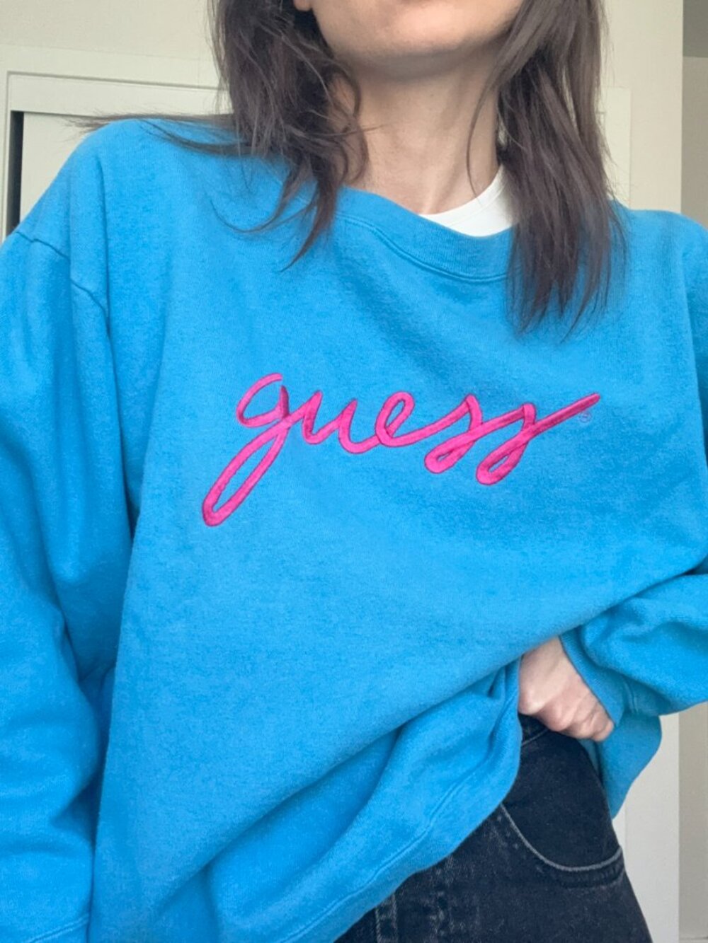 Vintage Guess Blue Crewneck Sweatshirt With Pink Embroidered Logo